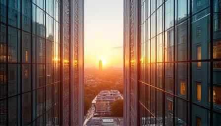 Blick auf das moderne Berliner Büroviertel bei Sonnenuntergang